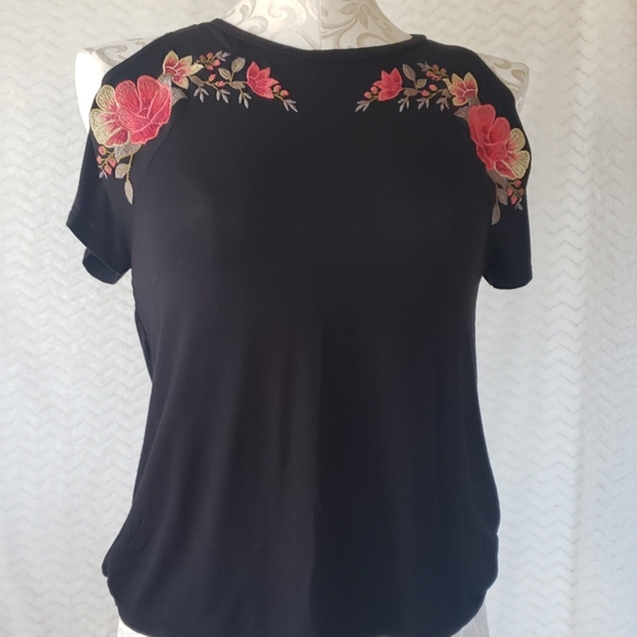 Soft & Sexy Tops - Black cold shoulder top w/ embroidered flowers